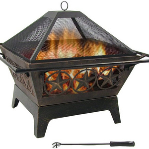 Outdoor Fire Pit Large Square Wood Burning Patio Backyard Firepit for Outside with Cooking BBQ Grill Grate Spark Screen