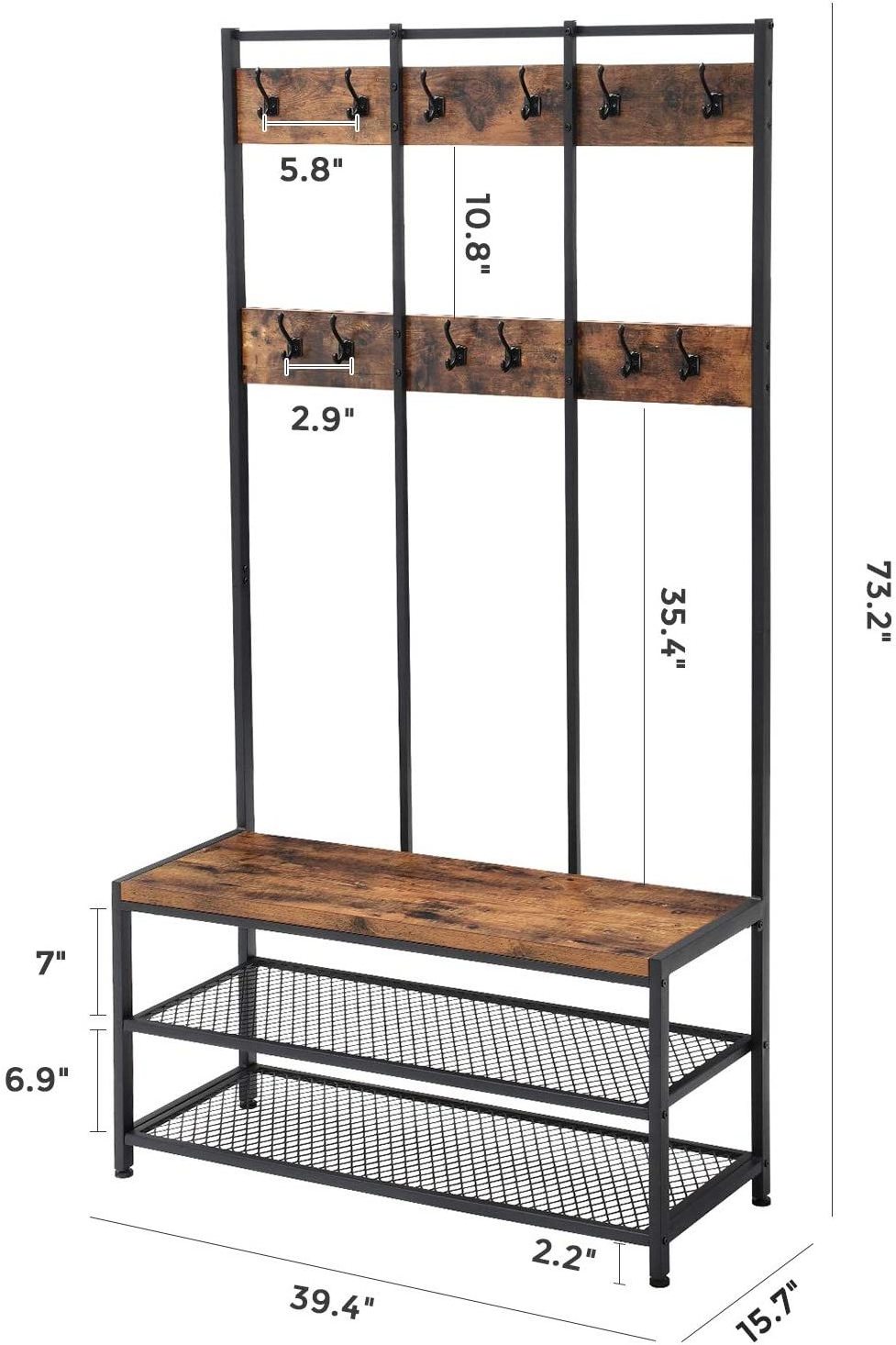 Industrial Coat Rack Shoe Bench, Hall Tree Entryway Storage Shelf, Large Size, Wood Look Accent Furniture with Metal Frame, Eas