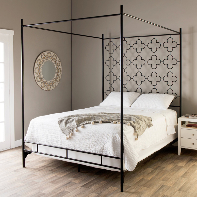 Metal Bed Frame Queen Size Four-Post Canopy Bed with Built-in Headboard No Box Spring Needed