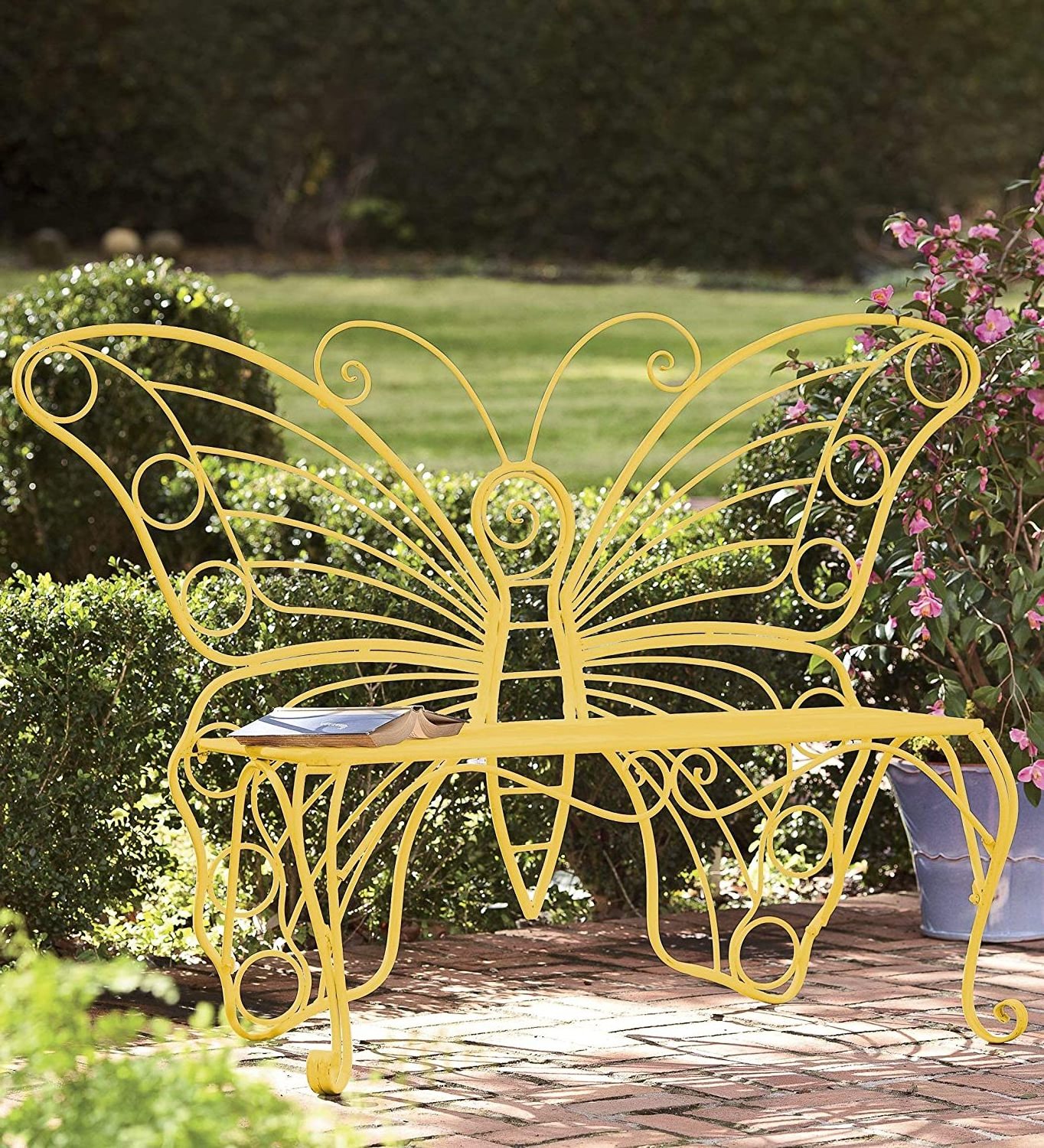 Indoor Outdoor Butterfly Garden Bench Love Seat in Lightweight Durable Tubular Steel Painted Metal Decorative chair