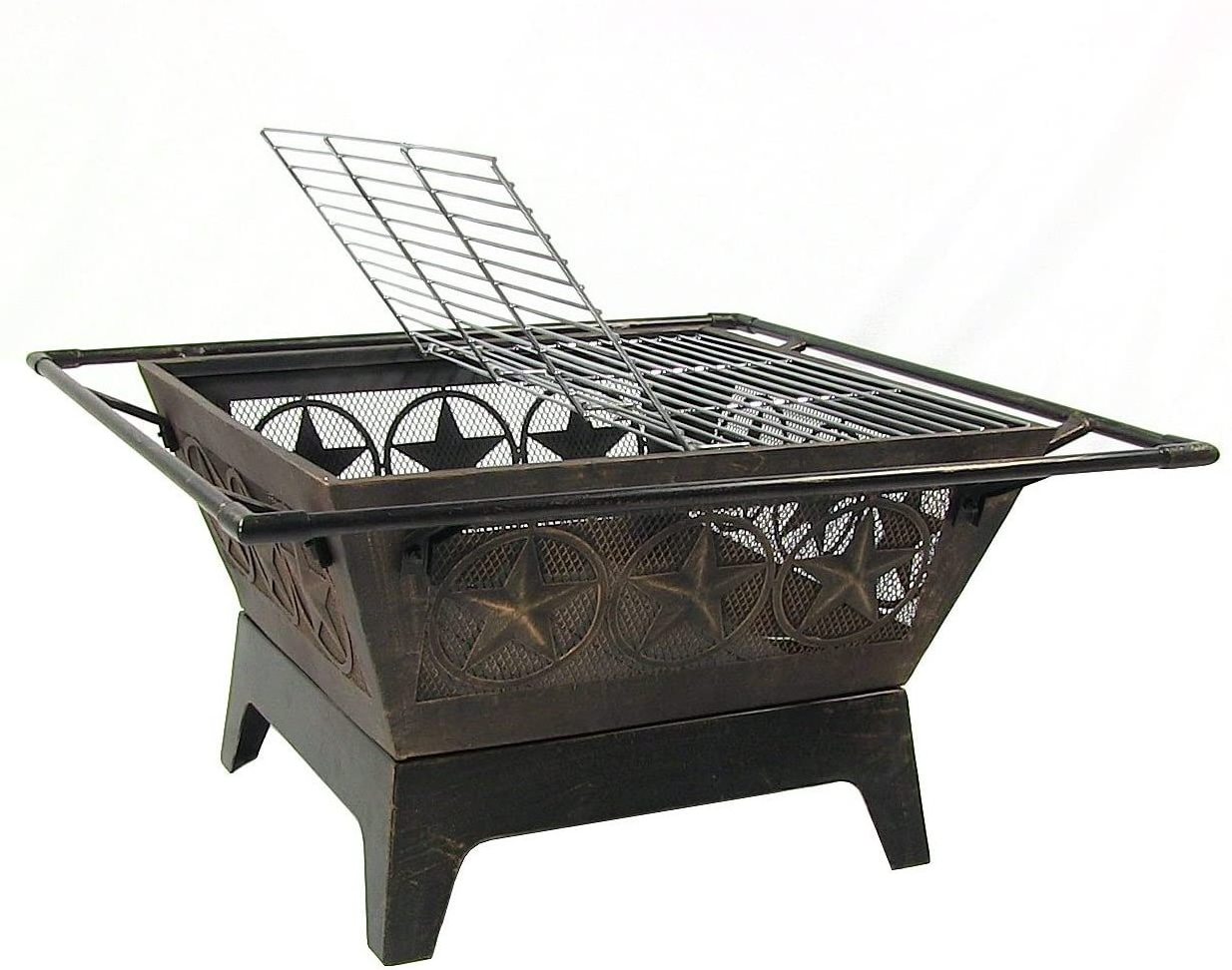 Outdoor Fire Pit Large Square Wood Burning Patio Backyard Firepit for Outside with Cooking BBQ Grill Grate Spark Screen