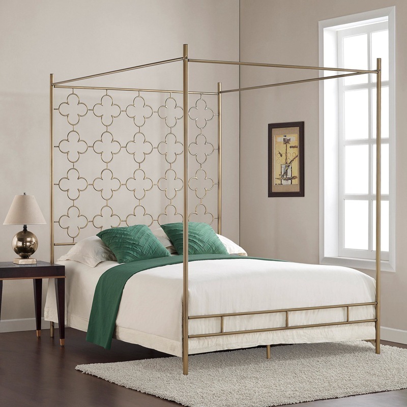 Metal Bed Frame Queen Size Four-Post Canopy Bed with Built-in Headboard No Box Spring Needed