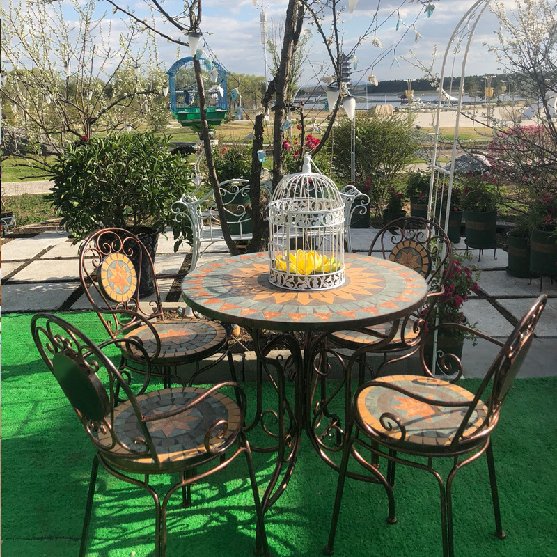 Metal Dining Room Sets Iron Leisure Balcony Mosaic Bistro Set Outdoor Coffee Shop Garden Table and Chairs Set Combination