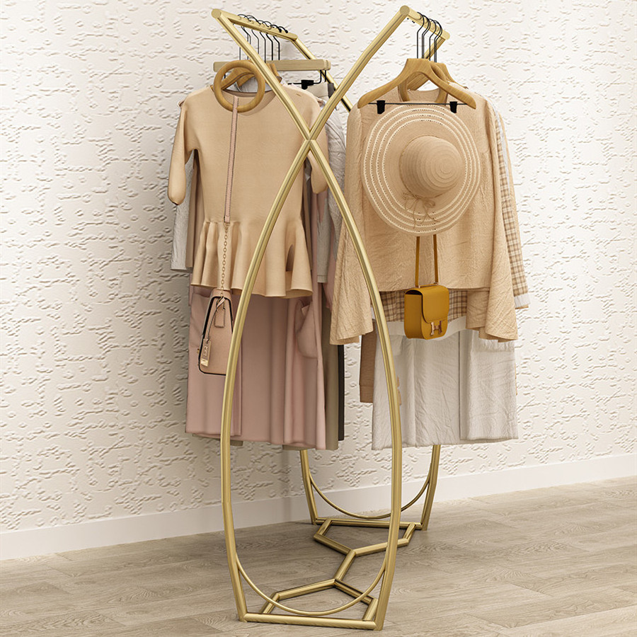 Clothing Store Double Rod Display Rack Standing Clothes Rack Gold Women Store Garment Rack