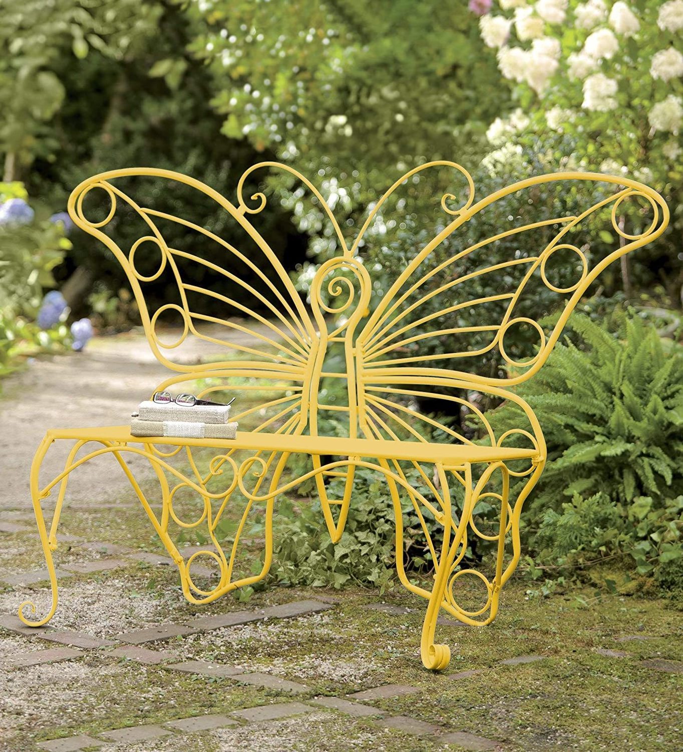 Indoor Outdoor Butterfly Garden Bench Love Seat in Lightweight Durable Tubular Steel Painted Metal Decorative chair