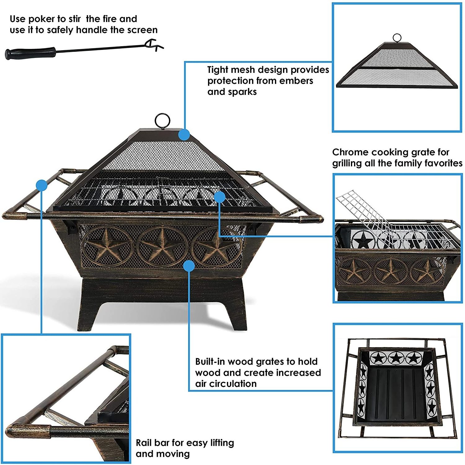 Outdoor Fire Pit Large Square Wood Burning Patio Backyard Firepit for Outside with Cooking BBQ Grill Grate Spark Screen