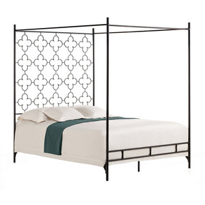 Metal Bed Frame Queen Size Four-Post Canopy Bed with Built-in Headboard No Box Spring Needed