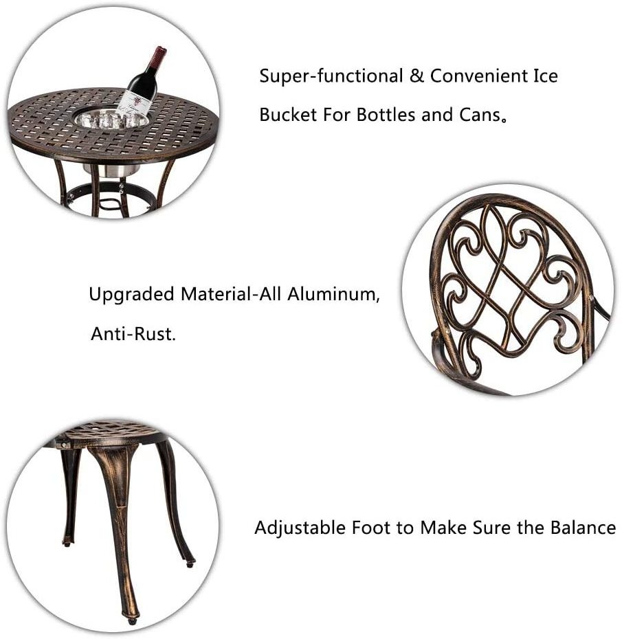 3 Piece Bistro Set with Ice Bucket Antique Outdoor Patio Furniture Weather Resistant Garden cast iron Table and Chairs