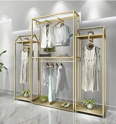 Clothing Store Garment Rack Commercial Display Rack Floor-Standing Double Hanging Rods Hangers Clothes Shelves with Wooden Board