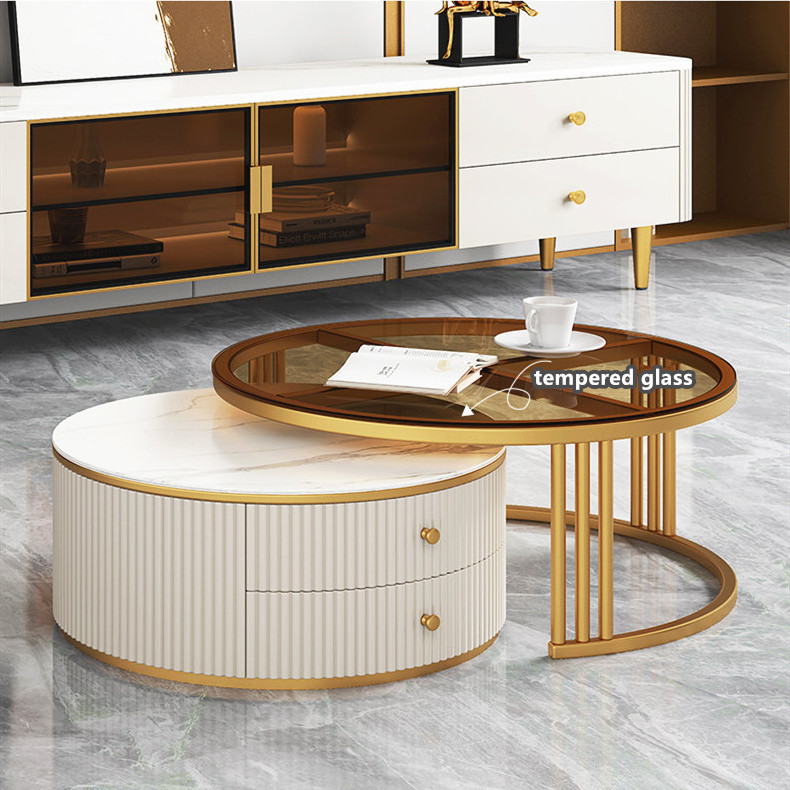 Round Tempered Glass Coffee Table Sintered Stone TV Stand Living Room Home Furniture TV Stand and Side Table Set