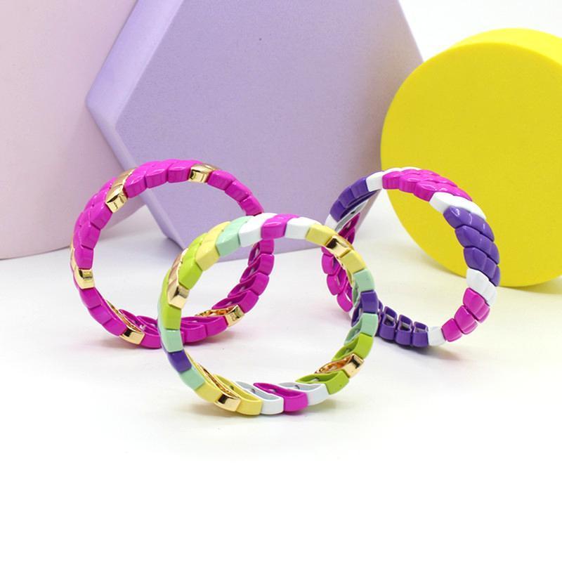 Bohemia Handmade Tile Enamel Beads Bracelet Rainbow Stretch Pulseras Summer Beach Jewellery