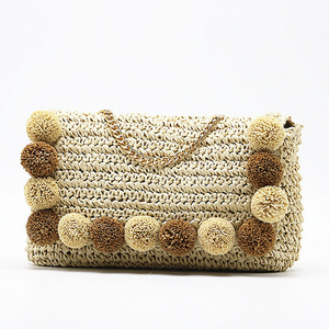 New straw bag chain bag beach handbags handmade bag wholesale with raffia pom pom