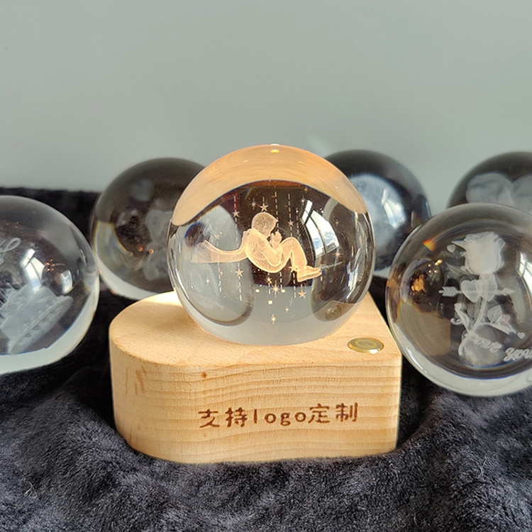 Solid wood LED night light heart-shaped crystal ball base gift can be engraved valentine's day gift night light up lamp