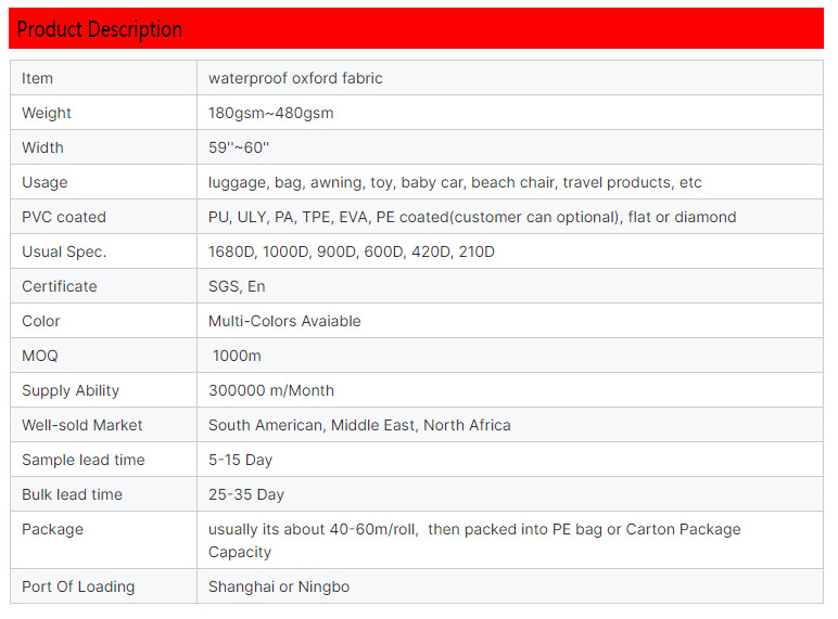 China Factory 300D RIP Oxford Fabric with PVC Coated Woven Technique for Outdoor Beach Chair Tent for Boys and Girls