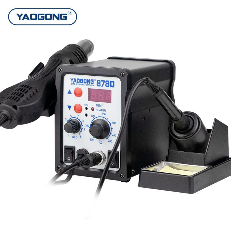 YAOGONG 878D Hot Air Gun Station 2 in 1 Digital Display Adjustable Constant Temperature Desoldering Electric Tool Mobile Repair