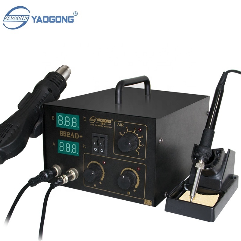 YAOGONG 852AD+ 2 in 1 Rework Station 600W Multifunctional Dual Digital Soldering Iron Hot Air Station for Motherboard BGA Repair