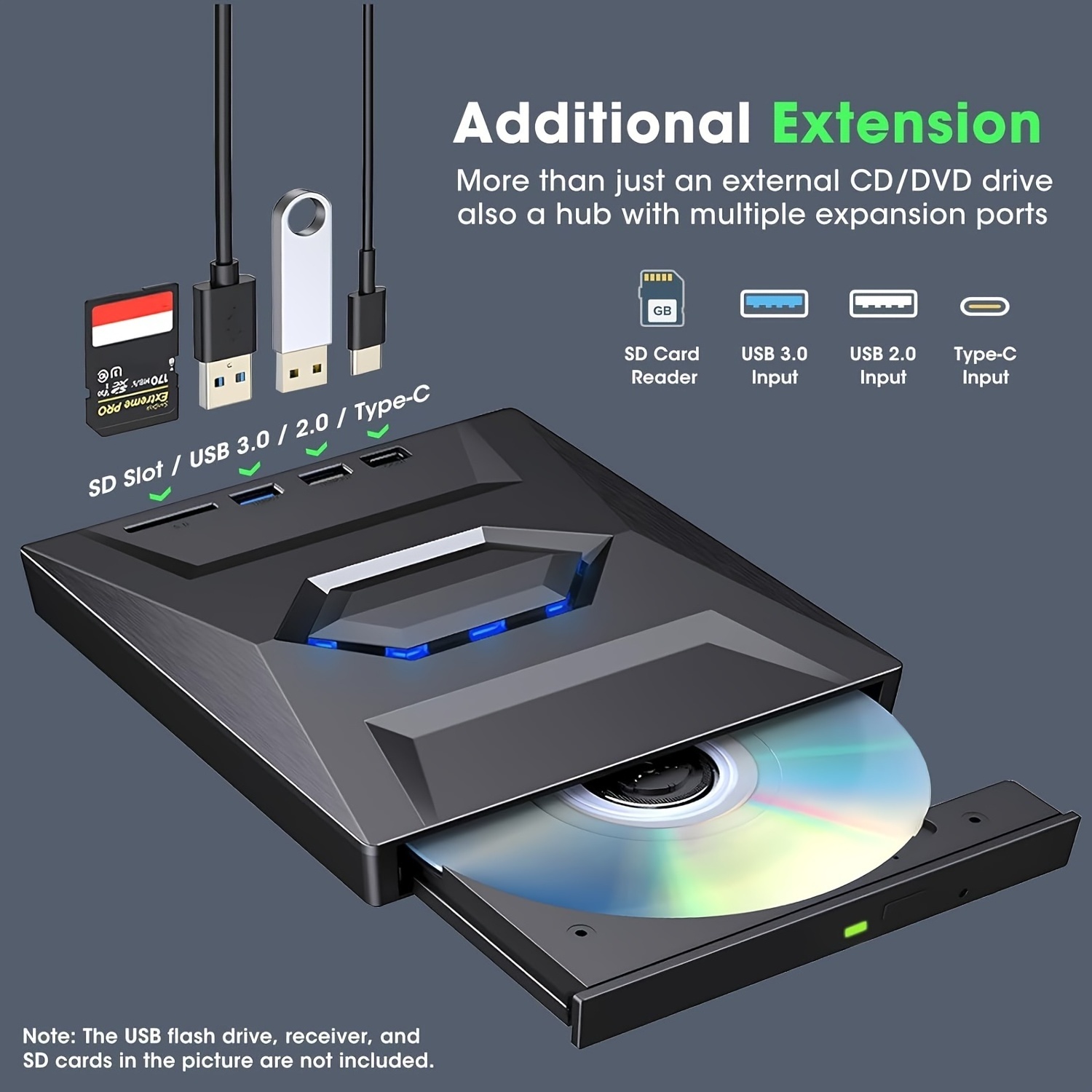 Latest dvd burner USB 3.0/TYPE C 7-in-1SD TF card reader HUB and USB flash disk player external portable dvd writer for laptop