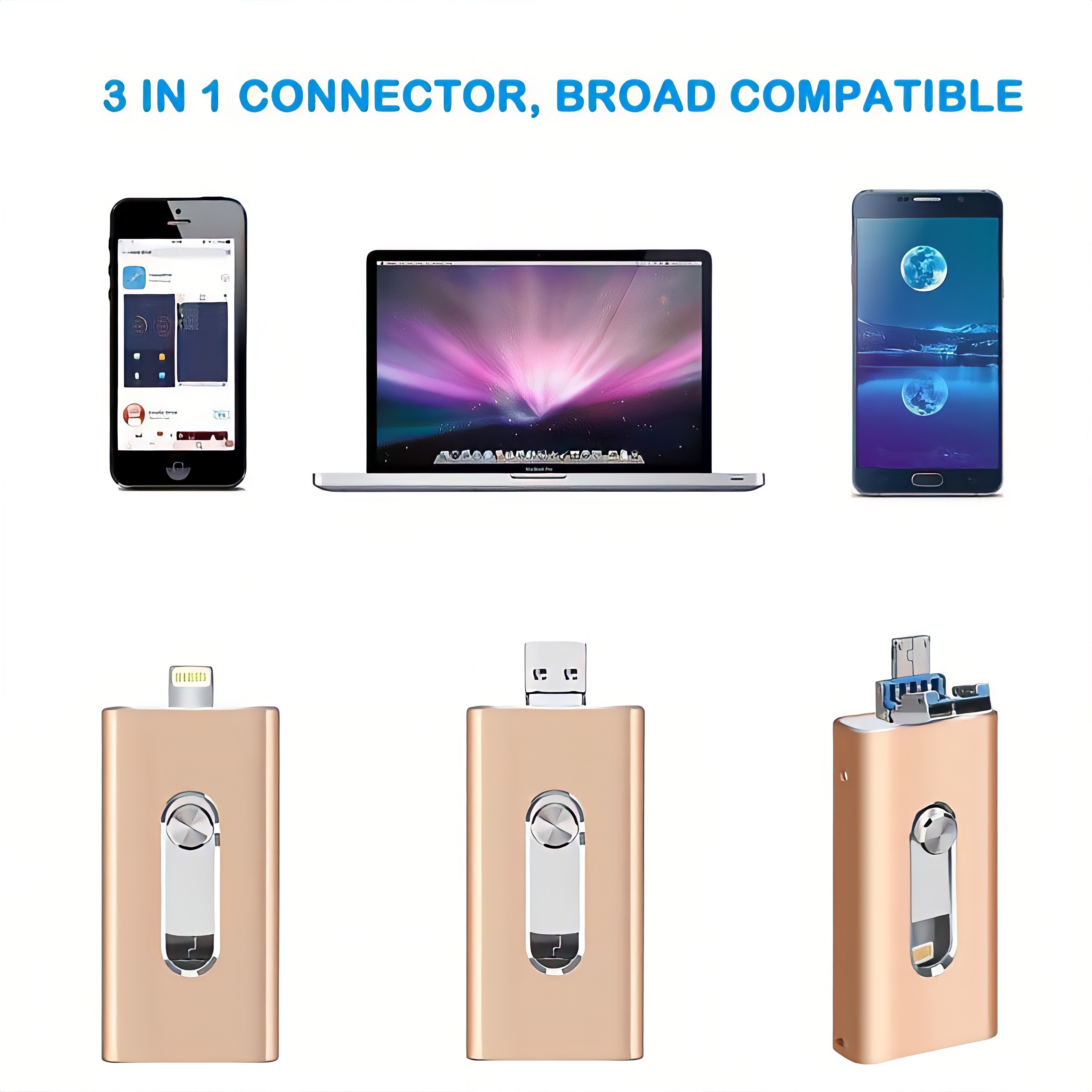 3 in 1 Aluminum USB flash drives 8/ 16/32/64/128/256gb/1tb High Speed Sticks External Storage Pen Drive For Phone/Pad/Android