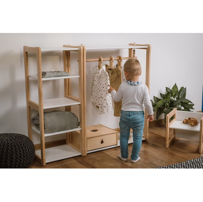 High quality children's wardrobe Montessori furniture wood shelf wooden cloth hanging rack for kids