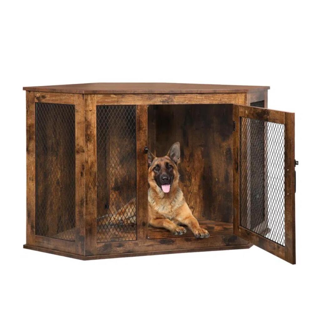 Customized Corner Dog Crate Furniture Wooden Dog Kennel End Table With Mesh Decorative Pet Crate Dog House