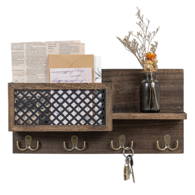 Farmhouse Decor Wall Mounted Mail Holder Rustic Wooden Mail and Key Shelf