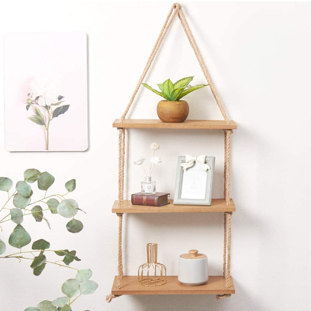 Custom 3 tier wood hanging wall swing storage shelf handmade floating shelves