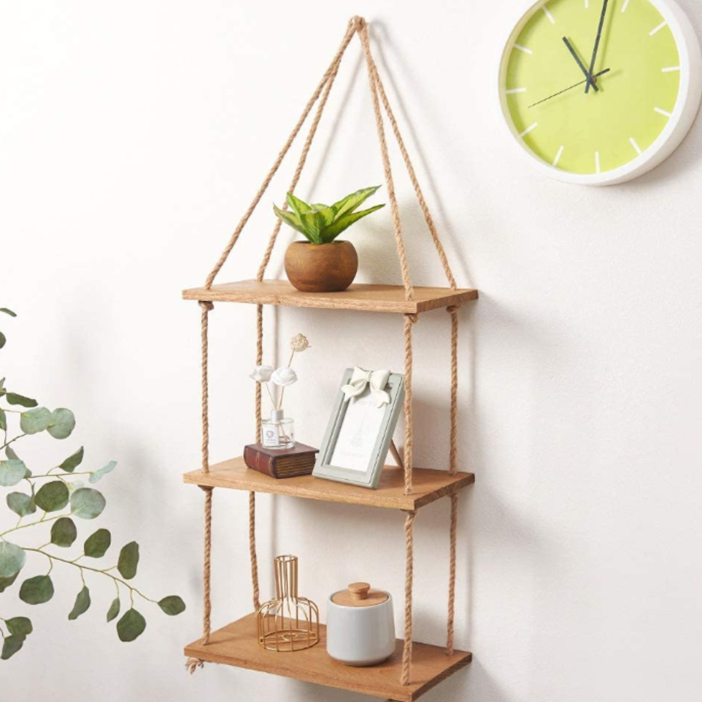 Custom 3 tier wood hanging wall swing storage shelf handmade floating shelves