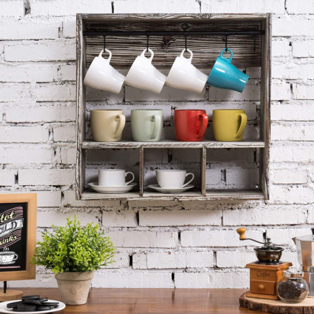 Wall Mounted Kitchen Coffee Mug Cup Display Rack Storage Shelf Rustic Wood Storage Holders & Racks for Folding Rack Customized