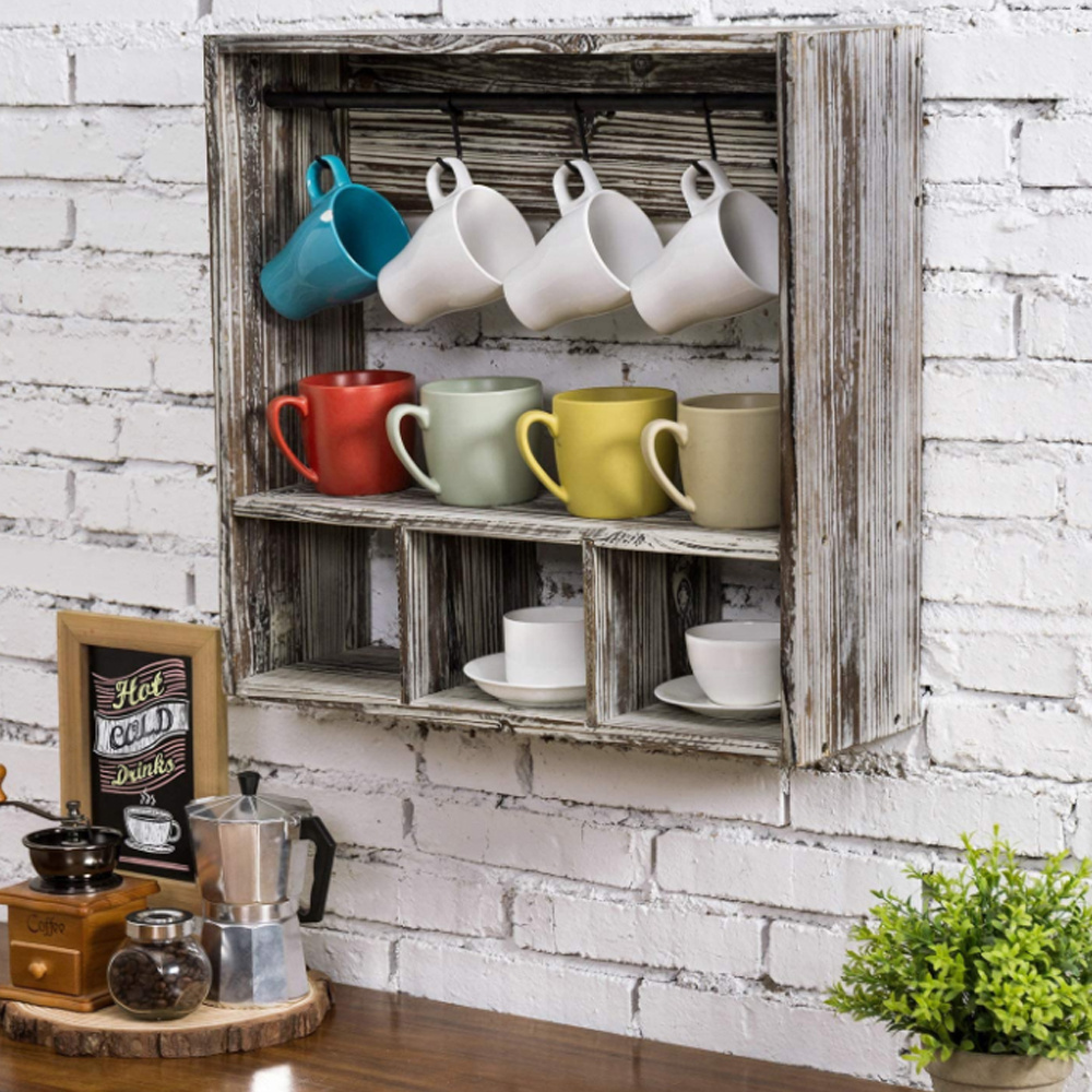 Wall Mounted Kitchen Coffee Mug Cup Display Rack Storage Shelf Rustic Wood Storage Holders & Racks for Folding Rack Customized