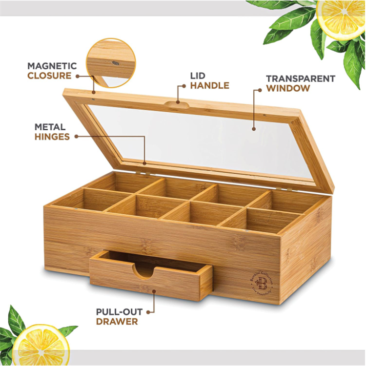 Bamboo Wooden Tea Box Magnet Lid Keeps Teabag Fresh Wooden Slide Boxes with Acrylic Window