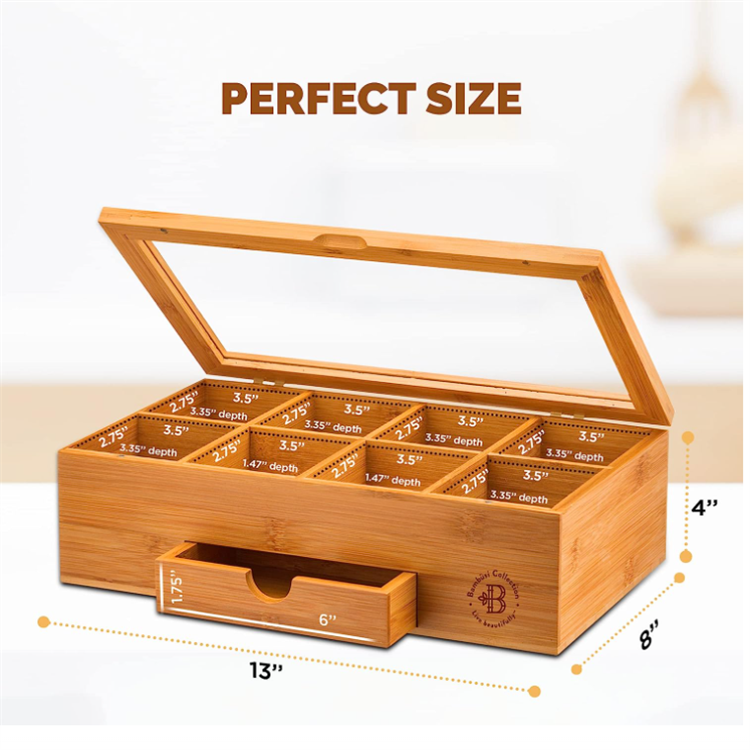 Bamboo Wooden Tea Box Magnet Lid Keeps Teabag Fresh Wooden Slide Boxes with Acrylic Window