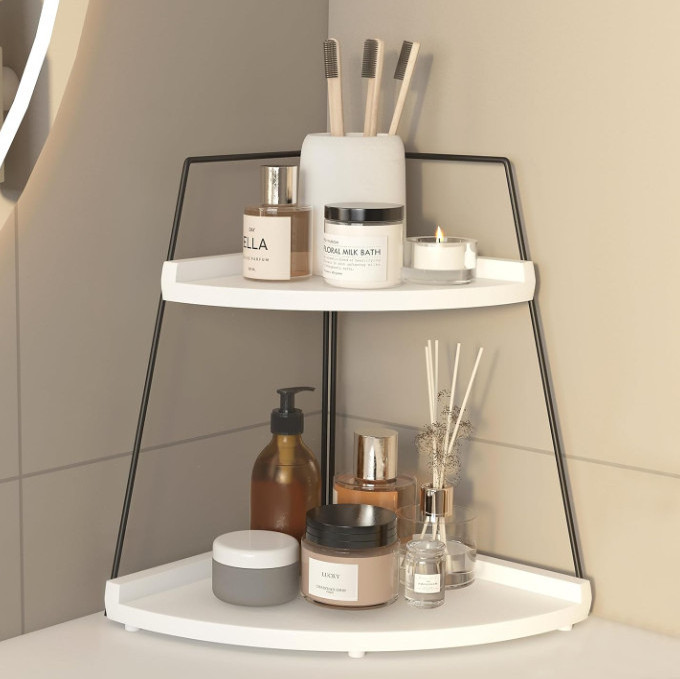 Modern White Wood Metal 2 Tier Corner Bathroom Counter Organizer Bathroom Corner Shelf