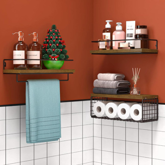 Multipurpose Towel Paper Shelves Bathroom Shelf Over Toilet  Wood Floating Shelves With Metal Frame