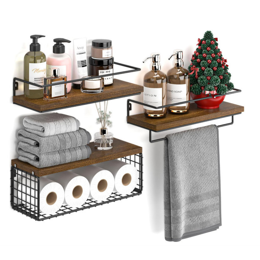 Multipurpose Towel Paper Shelves Bathroom Shelf Over Toilet  Wood Floating Shelves With Metal Frame