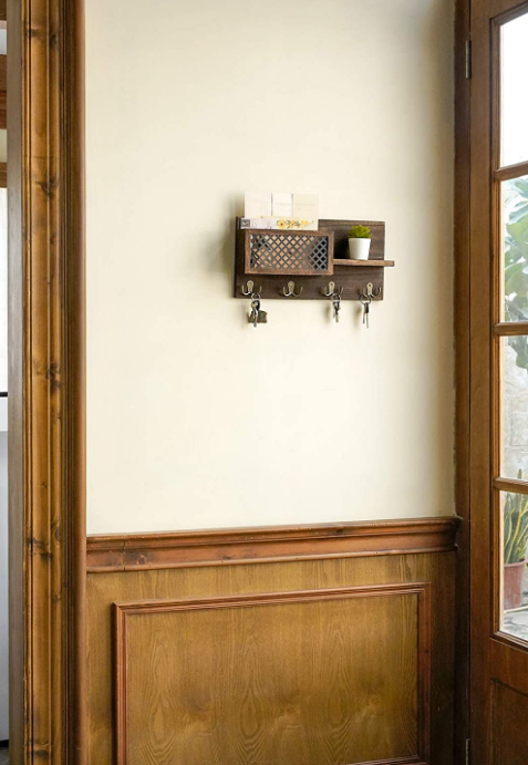 Farmhouse Decor Wall Mounted Mail Holder Rustic Wooden Mail and Key Shelf