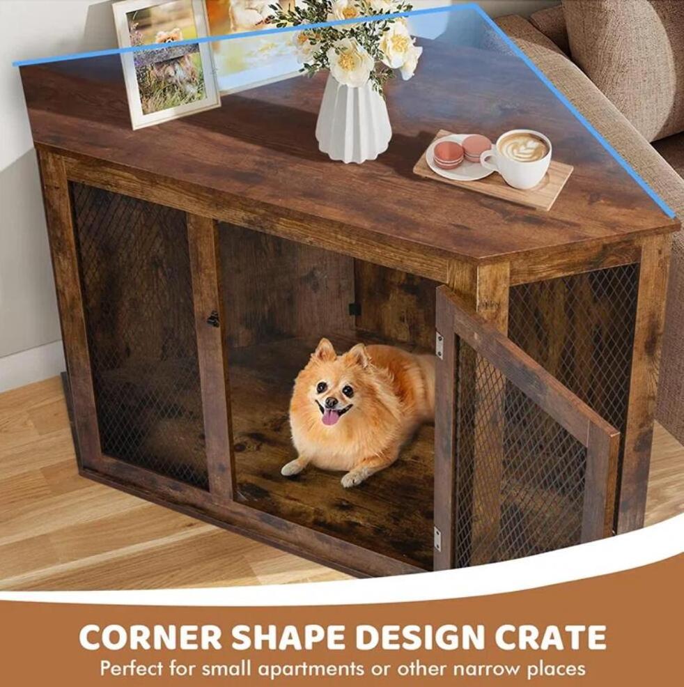 Customized Corner Dog Crate Furniture Wooden Dog Kennel End Table With Mesh Decorative Pet Crate Dog House