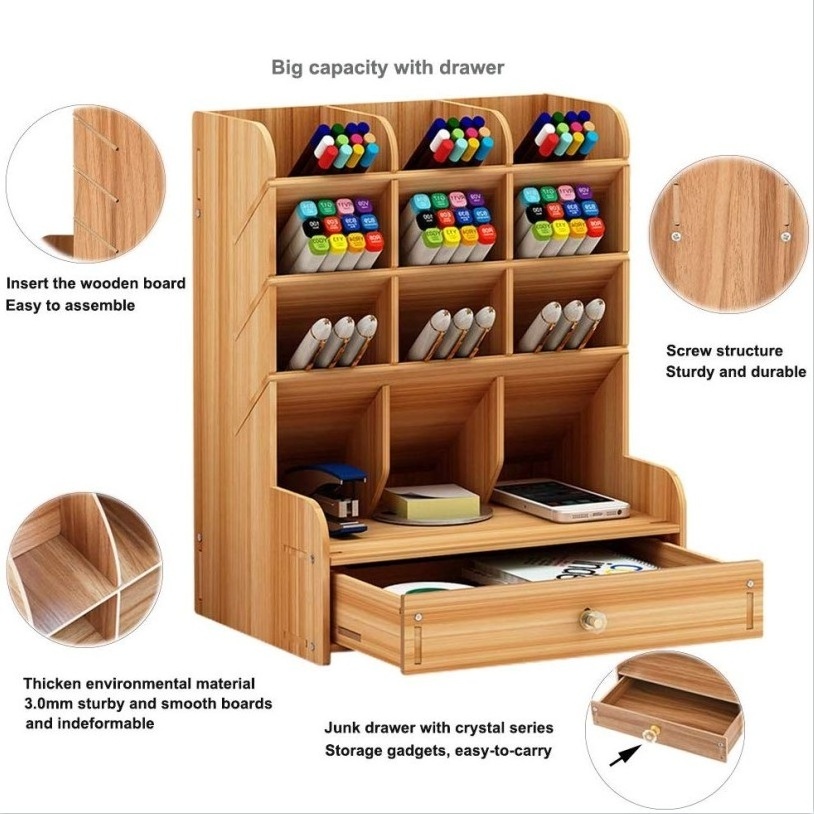 Wooden Desk Organizer Multi-Functional DIY Pen Holder Box Storage Rack with Drawer Desktop Stationary Cherry Color