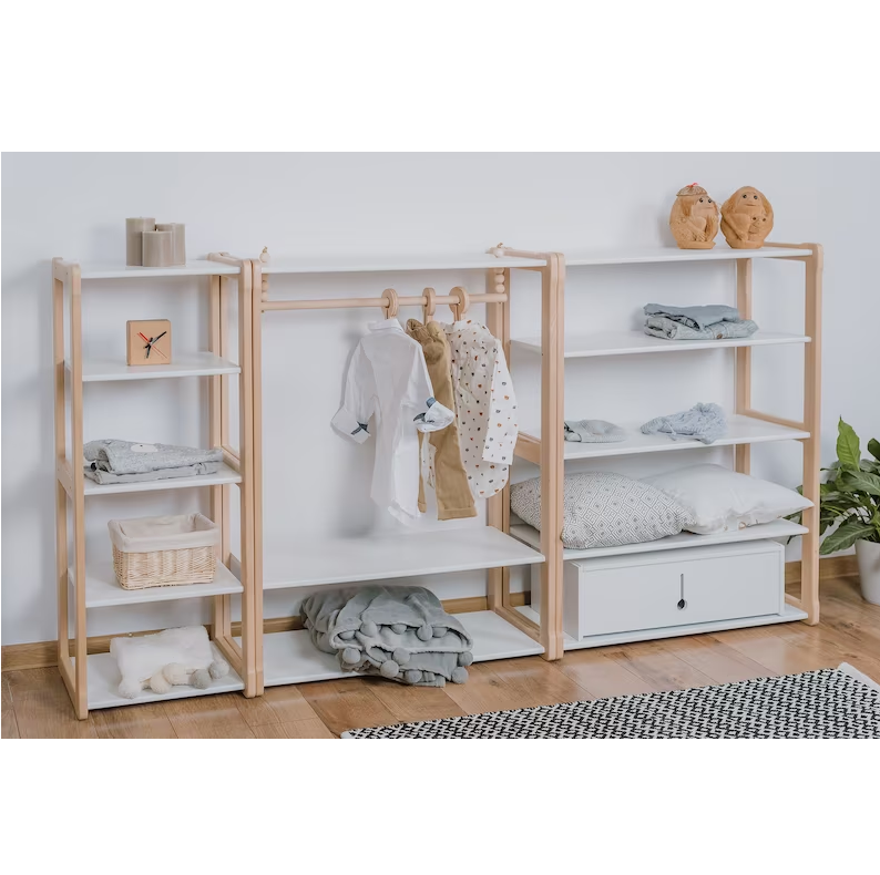 High quality children's wardrobe Montessori furniture wood shelf wooden cloth hanging rack for kids