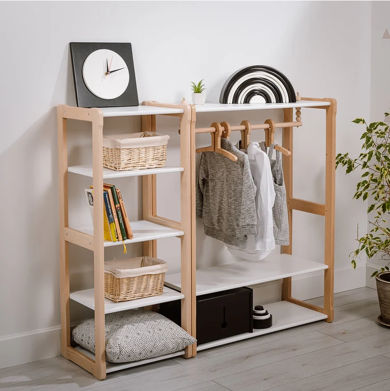 High quality children's wardrobe Montessori furniture wood shelf wooden cloth hanging rack for kids