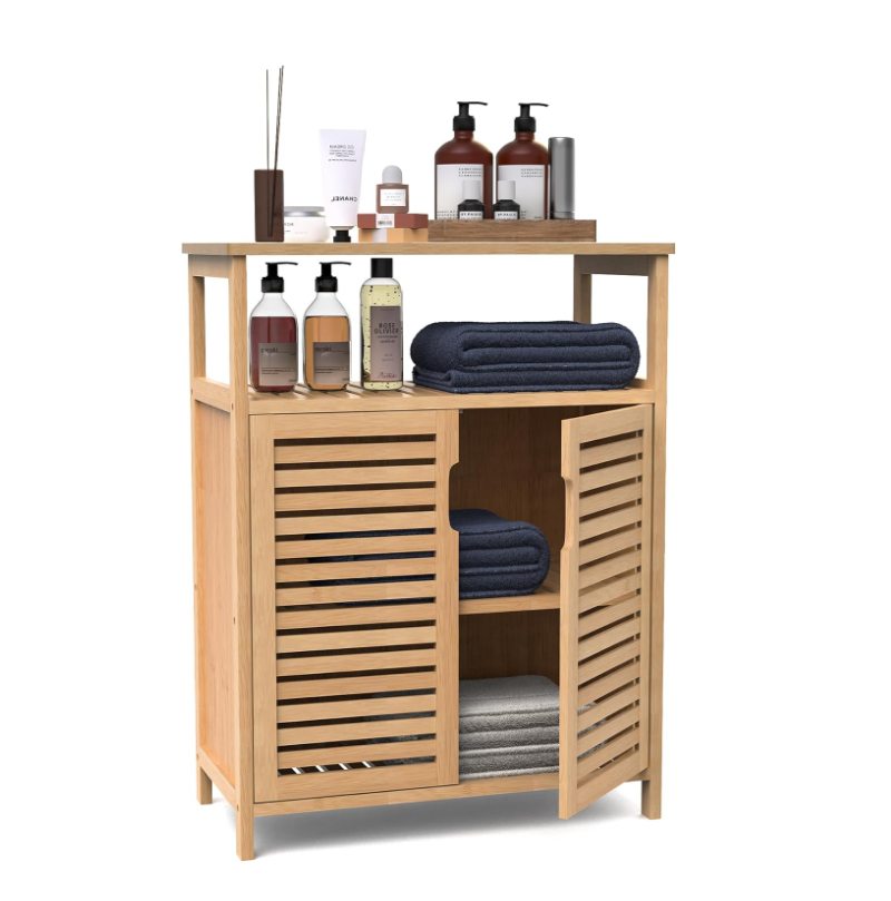 Bamboo Storage Cabinet Freestanding Bathroom Cabinet with 2 Louvered Doors Solid Wood Cabinet