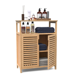 Bamboo Storage Cabinet Freestanding Bathroom Cabinet with 2 Louvered Doors Solid Wood Cabinet