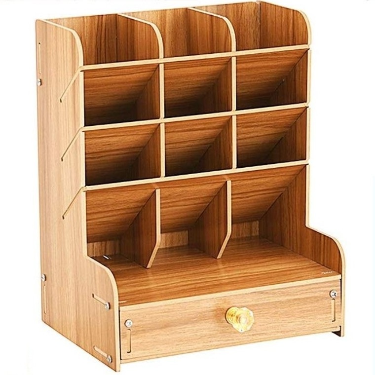 Wooden Desk Organizer Multi-Functional DIY Pen Holder Box Storage Rack with Drawer Desktop Stationary Cherry Color