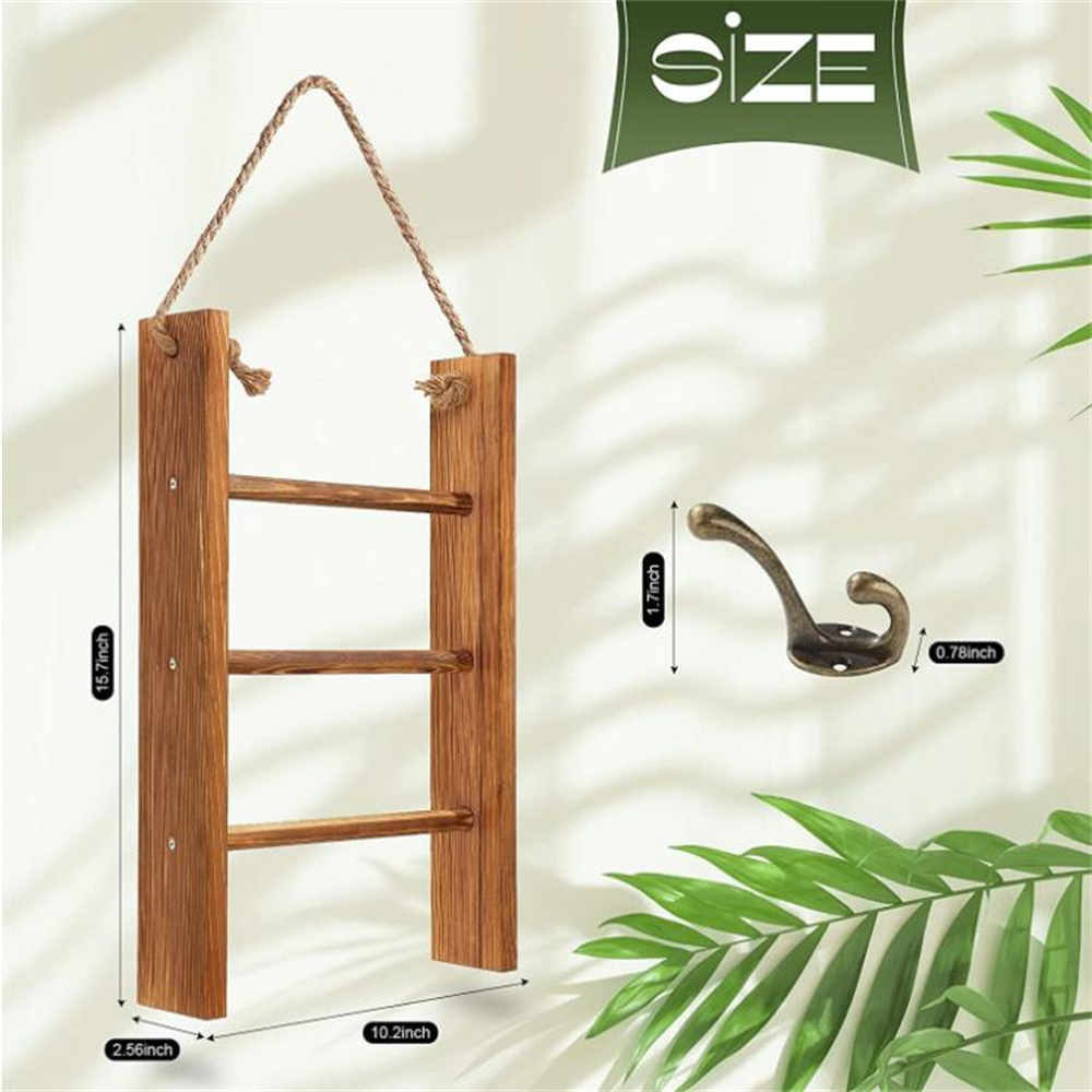 3-Tier Mini Wall-Hanging Hand Towel Ladder with Rope Wooden Bathroom Towel Rack Ladder and Hook Farmhouse Room Decor