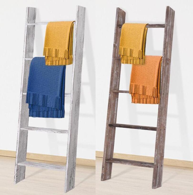 Home Decorative Rustic Style Bath Tower Wooden Wall Leaning Blanket Ladder Holder Rack