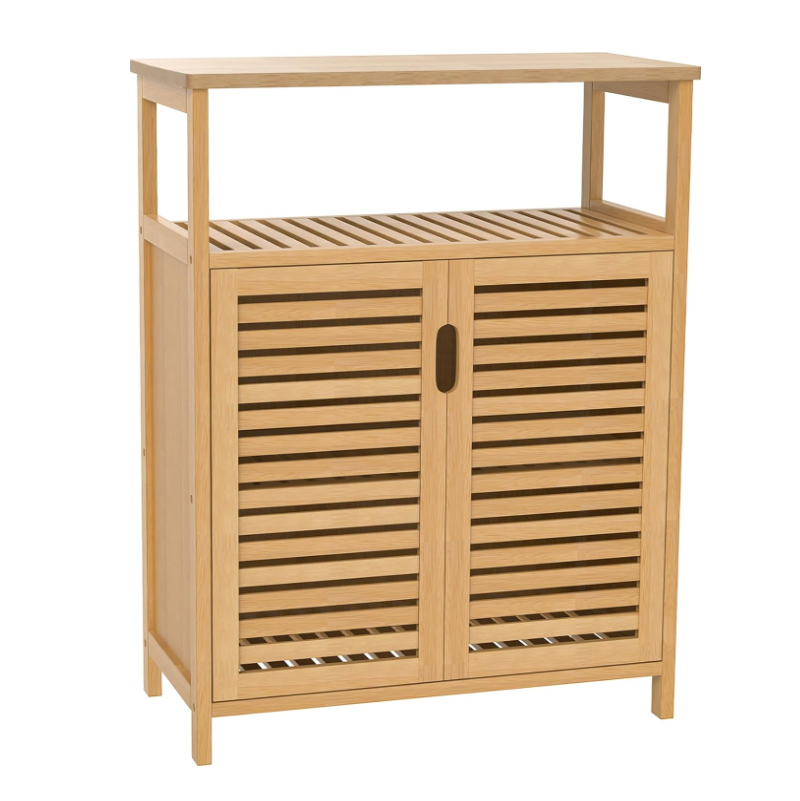 Bamboo Storage Cabinet Freestanding Bathroom Cabinet with 2 Louvered Doors Solid Wood Cabinet