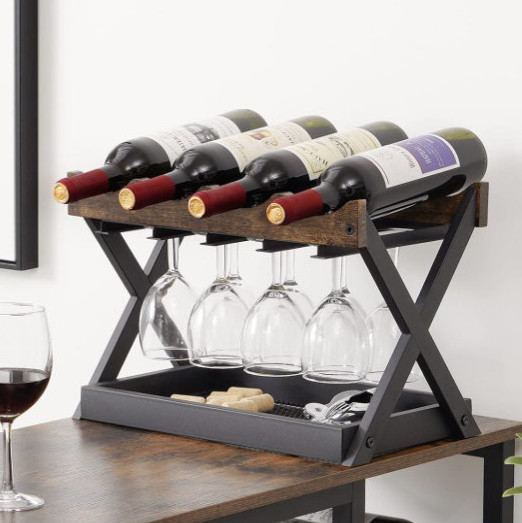 3 in 1 Wooden And Metal Storage Organizer Display Stand Wine Rack Countertop With Glass And Cork Holder