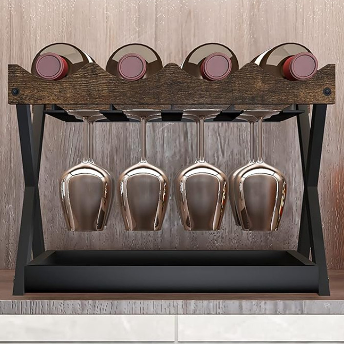 3 in 1 Wooden And Metal Storage Organizer Display Stand Wine Rack Countertop With Glass And Cork Holder