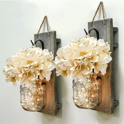 Decorative Mason Jar Wall Decor - Rustic Wall Sconces with 6-Hour Timer LED Fairy Lights and Flowers - Farmhouse Home Decor