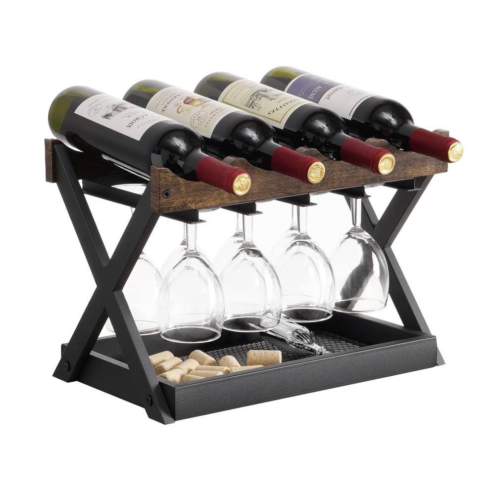 3 in 1 Wooden And Metal Storage Organizer Display Stand Wine Rack Countertop With Glass And Cork Holder