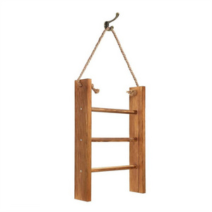 3-Tier Mini Wall-Hanging Hand Towel Ladder with Rope Wooden Bathroom Towel Rack Ladder and Hook Farmhouse Room Decor